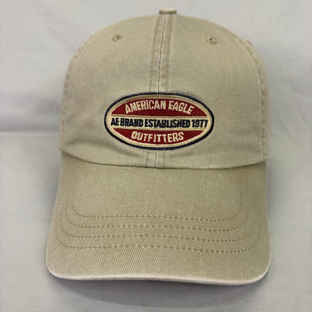 American Eagle Hat Baseball Cap Mens OSFA Khaki Tan Leather Strap Patch